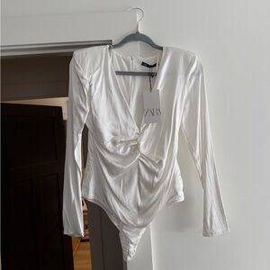 NWT | Zara (M) Satin White/Ivory Bodysuit with Padded Shoulders
